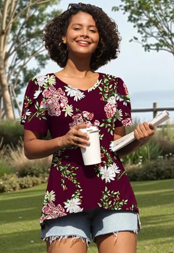 Image of CATHY 2026 Women Tops Summer Short Sleeve Tunic V Neck T-Shirts Loose Casual Floral Blouse S-4XL