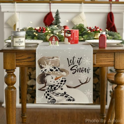 Image of Artoid Mode Grey Snowman Snowflake Let it Snow 2PCS Christmas Table Runner, Seasonal Winter Kitchen Dining Table Decor for Home Party 13x72 Inch