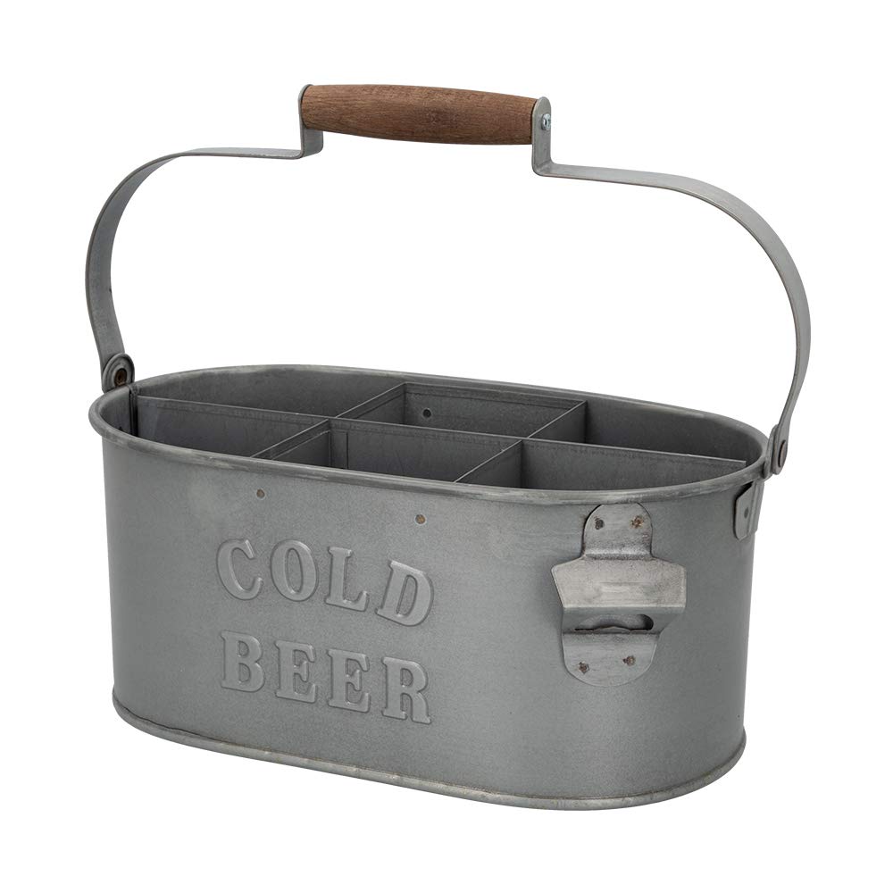 Aktive 79014 Old Galvanised Steel 6 Bottle Basket with Opener, Steel