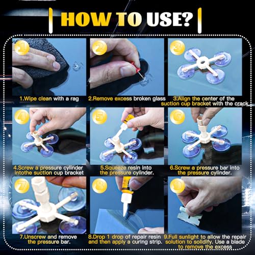 Image of CLAMPER Windshield Crack Repair Kit, Windshield Repair Kit for Chips and Cracks, 4 Pcs Car Glass Repair Kit, Cracks Gone Glass Repair Kit Automotive Quick Fix for Chips, Cracks, Bullseyes (Yellow)