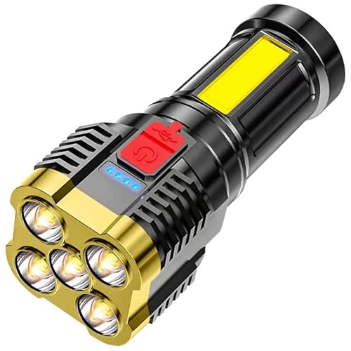 Torches Led Super Bright, Led Spotlight Flashlight Five-Nuclear Explosion LED Flashlight Strong Light Rechargeable Home Outdoor Searchlight (Gold)