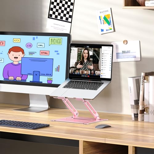 Image of Urmust Laptop Notebook Stand Holder Adjustable Laptop Stand Portable Computer Riser Compatible with MacBook Air Pro HP Dell XPS Lenovo All Laptops 10-15.6 inch(Rose Gold)