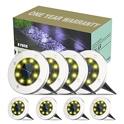 Solar Ground Lights, Solar Outdoor Upgraded Brighter Waterproof In-Ground Disk Lights for Garden, Walkway, Lawn, Steps, Stairs, with 8 LED Warm White Lights(8 Pack)