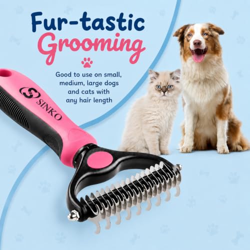 Image of Sinko Shedding Brush For Dog and Cat, Undercoat Rake with Extra Wide Double-Sided Stainless Teeth for Detangling, Deshedding, Brushing & Removing Shed Fur, Knots, Mats, and Tangles in Pets (Pink)