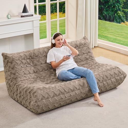 Image of Hobestluk Giant Bean Bag Chair Faux Fur BeanBag Couch for Living Room | Brown Chevron, 3-Seater,Ergonomic Design,Memory Foam,Anti-slip Bottom,No Assembly Required,Decorative Style for Living Room
