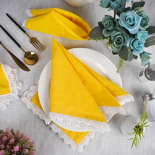 Image of FINGERCRAFT Cloth Napkins, Cotton Table Napkins with White Lace Edge, Reusable Washable Dinner Napkins for Wedding, Festive Dining, Parties & Home Decor (6, Lemon Premium Lace, 20 inchx20 inch)