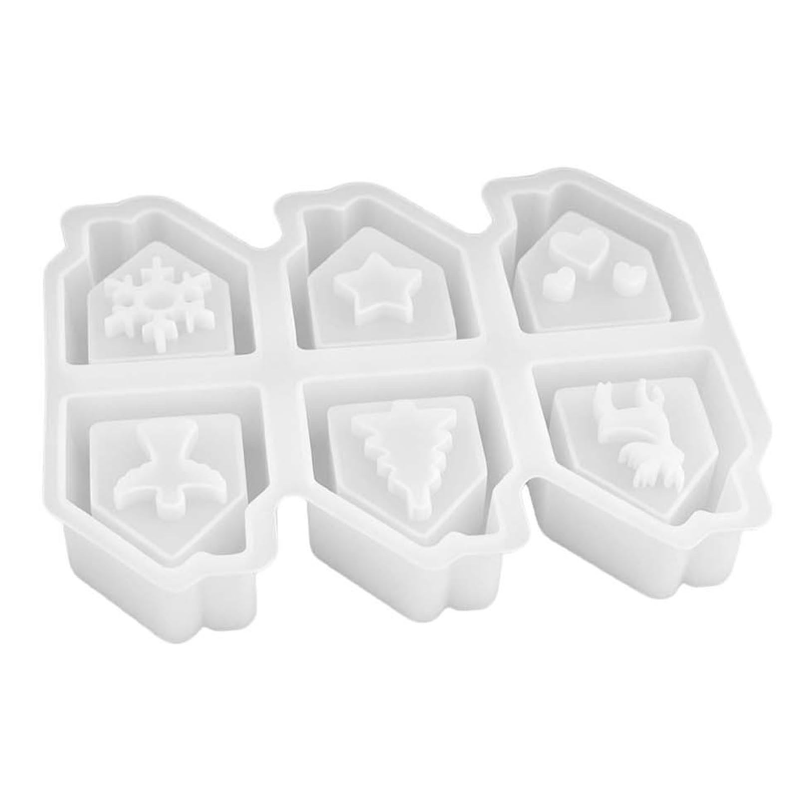 COOLHOOD Cottage Silicone Mold for Wax Making, 6-Cavity Craft Form with Star, Tree, Deer, Hearts, Snowflake, and Small Figure, White Wax Form Scent Cottage Resin Casting
