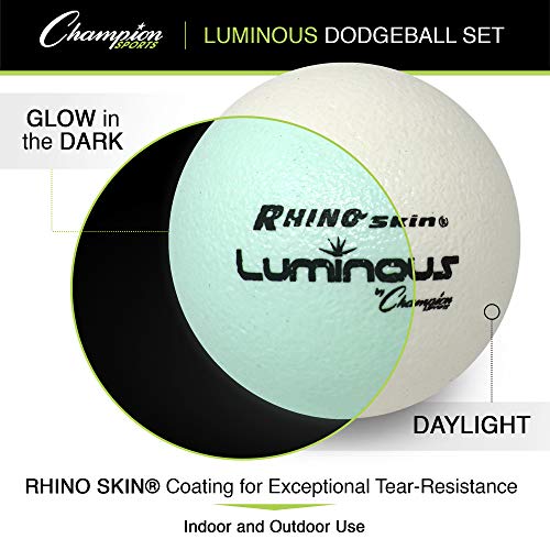 Champion Sports Premium Rhino Skin Dodgeballs With Mesh Storage Bag, Set Of 6 - Glow In The Dark Playground Balls For Outdoor Games And Gym Class - Low Bounce Dodgeballs #TOP2