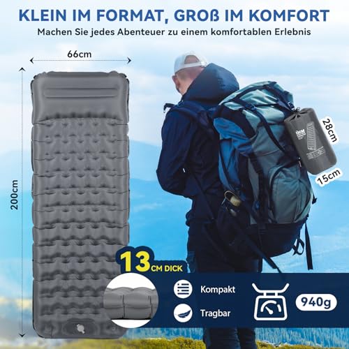 HIKENTURE Camping Isomatte, 13CM Ultradicke Isomatte Camping mit Kissen, Aufblasbare Luftmatratze Kleines Packmaß, Ultraleichte Schlafmatte mit Fußpumpe für Outdoor, Wandern, Zelt - Grau