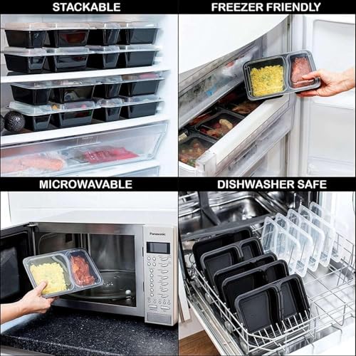 Image of (50 Pack, 32oz) 2 Compartment Plastic Meal Prep Containers - Reusable BPA Free Food Containers with Airtight Lids - Microwavable, Freezer and Dishwasher Safe