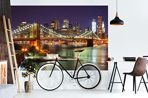 Great Art Photo Wallpaper Brooklyn Bridge At Night Decoration 210X140 Cm / 82.7X55In – New York City America Usa Big Apple Skyline River Wall Street Mural – 5 Pieces Includes Paste #TOP2
