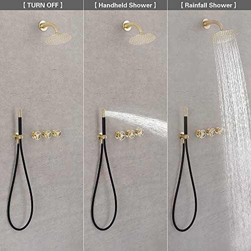 Skowll Shower Faucet Set Wall Mount 8 Inch Shower Head Valve System Industrial Shower Mixer Set 3 Handle Rain Shower Fixtures Set, Brushed Gold #TOP2