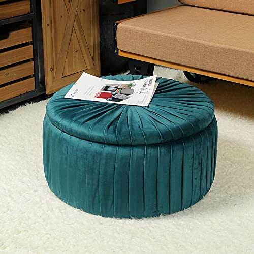 Generate Pinplus Round Pouf Storage Ottoman With Tray,Velvet Large Toy Chest,Floor Foot Rest Stool Teal (22 L 22 W 11 H) #TOP5