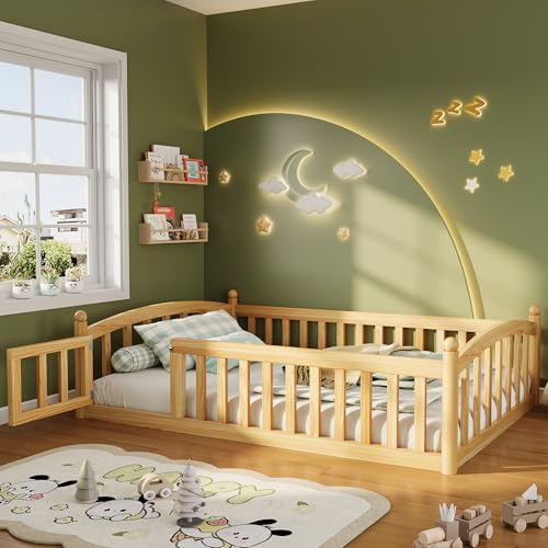 iPormis Twin Floor Bed with High Rails, Montessori Bed Frame with...