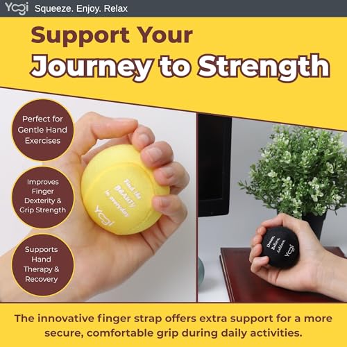 Image of Yogi Stress Ball, Finger Strap, Stress Relief, Squeeze Ball for Anxiety | Hand therapy, grip strength, sensory fidget toy, stress ball for adults and kids, school work travel, ADHD, anxiety