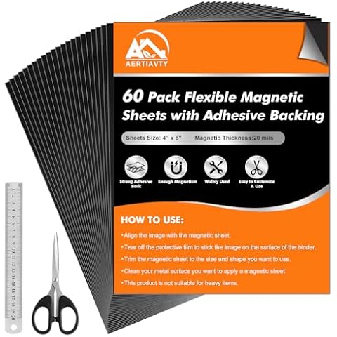 60 Packs Magnetic Sheets with Adhesive Backing 4x6 Inch Adhesive Magnetic Sheets for Dies Storage, Crafts - Flexible Magnetic Contact Paper Peel and Stick, Magnets Tape Strips with Adhesive Backing Cover