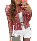 ORANDESIGNE Damen Elegant Langarm Blazer Sakko Einfarbig Slim Fit Pailletten Jacke Kurz Mantel Anzüge Bolero Party Outwear Cardigan Tops Rot 38
