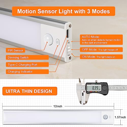 Okumoe [2 Pack] Led Motion Sensor Under Cabinet Lights, 36 Leds Wireless Rechargeable Under Counter Light, 1100 Mah Battery Operated Smart Home Lighting For Kitchen, Closets, Wardrobe, Hallway #TOP1