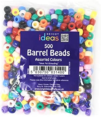 Bright Ideas Mixed Colourful Barrel Beads for Kids Arts and Crafts, Plastic Craft Beads for Decoration, Pony Beads Necklace Bracelet Jewellery Making, Mixed Colours, Assorted Pack of 500 7mm
