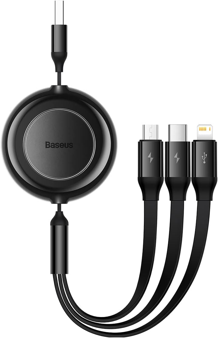 Bright Mirror 2 Series Fast Charging Cable,100W 1.2M 3 in 1 Retractable USB Charging Cable with Lightning/Type C/Micro Port 1.1M, for iPhone, for Samsung Galaxy, Huawei, OnePlus（BLACK)
