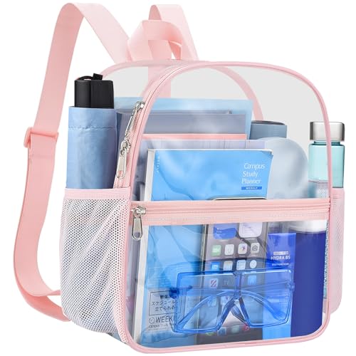 Image of Busiuw Clear Backpack for Stadium Events 12x12x6 Mini SmallSports Fan Backpacks with Front Pocket for Concert Sport Events Work Travel(pink)