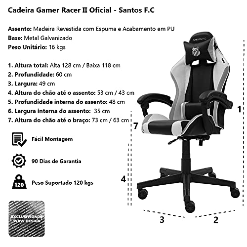 Cadeira Gamer Racer || Oficial - Santos F.C Reclinável Altura Ajustavel Função Relax
