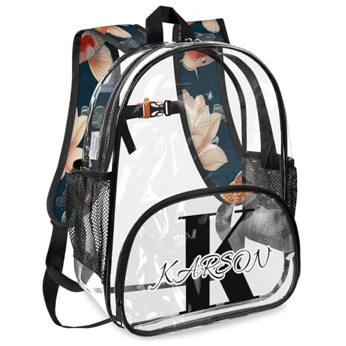 Personalized Koi Fish Large Clear Backpack Stadium Approved Heavy Duty PVC Plastic Custom Colorful Carp Lotus Transparent Backpacks See Through Bag with Name2