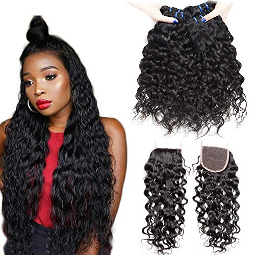EMOL Hair 9A Pelo Humano Rizado Cabello Rizado Brasileño Virgen 3 Paquetes de Pelo Humano con Closure de Cabello Natural 10 12 14+10 Pulgadas Onda Agua Pelo 340 Gramo