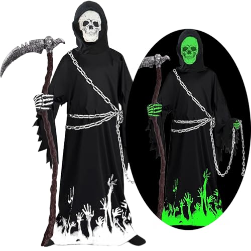 KYOEOE Sensenmann Kostüm Kinder mit Sense & Taillenkette,Deluxe Glow in The Dark Halloween Kostüm Jungen Sensenmann Gruselig Grim Reaper Costume für Halloween Karneval Fancy Dress