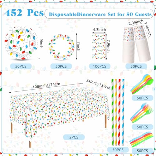 Image of Funnymoom 452 Pcs Christmas Party Decorations for 50 Guests, Colorful Christmas Lights Paper Plates Napkins Cups Tablecloth Cutlery Straws Disposable Tableware Set for Xmas Holiday Party Supplies