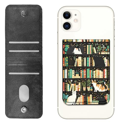HEAKIERG Card Holder for Phone Case Stick on, 1 Pack Card Holder for Phone Case, Phone Wallet/ID Card Holder with Sticker for Back of iPhone Galaxy Nokia Android and All Smartphones, Bookshelf Cat
