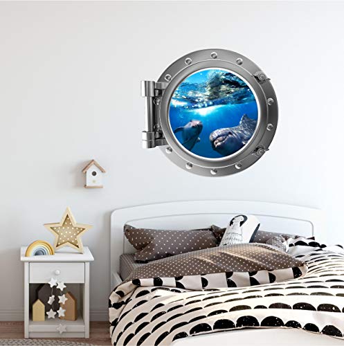 Vinilo decorativo ventana vista mar con delfín plateado miniatura 2