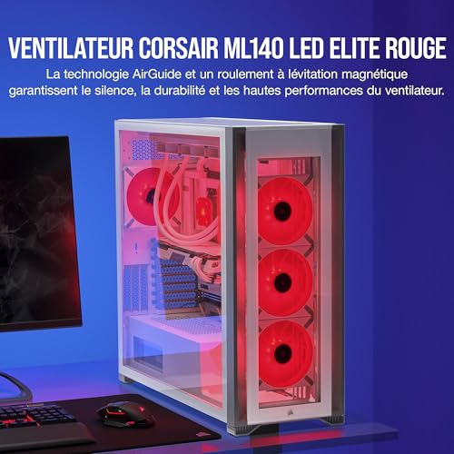 Corsair ML140 LED ELITE, 140 mm PWM Ventilateur à Rouge (Technologie CORSAIR AirGuide, Roulement à Lévitation Magnétique, Jusqu’à 1 600 tr/min, Huit LED Ultralumineuses) Vendu Seul, châssis Blanc