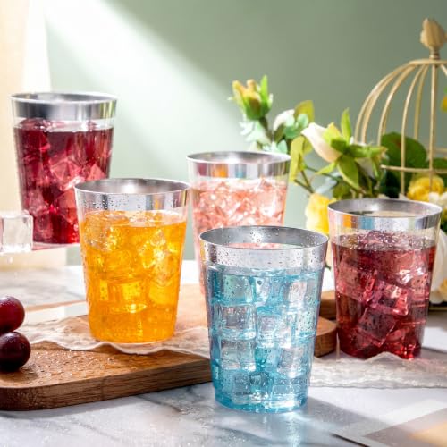 Image of DaYammi 200 Pack Silver Plastic Cups 10 Oz Clear Plastic Cups Silver Rimmed Disposable Wine Glasses Heavy Duty Disposable Tumblers Drinking Cocktail Glasses for Party Wedding