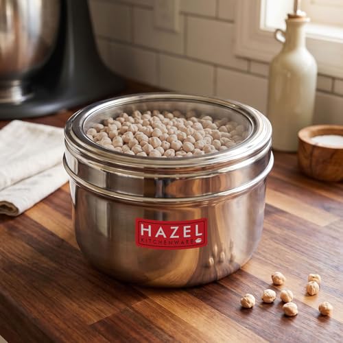 Image of HAZEL Stainless Steel See Through Container 1100ml | Kitchen Storage Canister with Transparent Lid for Food Storage