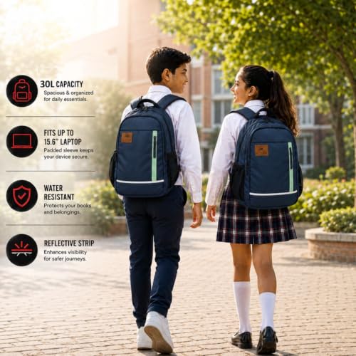 Image of EASTERN WIND 30L & 37L School Bag Backpack, 3 Compartments, Raincover, Laptop Sleeve, Safety Strip, Organizer. School Bag for Boys & Girls, College Bag, Office Bag.