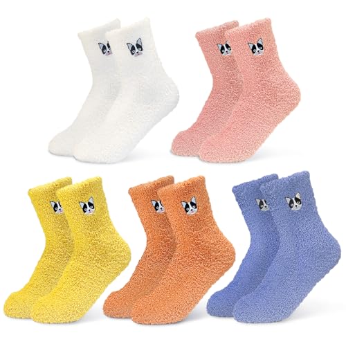 Jinny's Shoppe Women's Soft Fuzzy Fleece Warm Winter Ankle Socks Gift Set with Cute Character Embroidery 5 pack