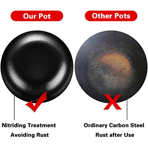 Carbon steel wok pan flat bottom pan with lid for gas stoves induction and electric (12.5 inch wok,lid,steam rack,spatulas,anti-scalding clip included)