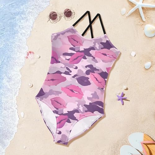 Lip Camouflage Pattern Girls One Piece Swimsuits Summer Quick Dry Beach Bathing Suit3