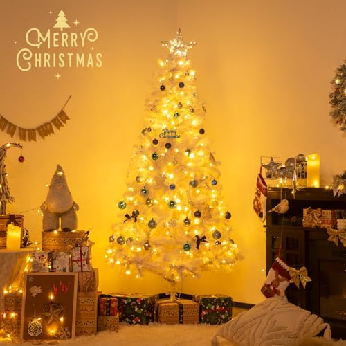 6ft-Prelit-White-Christmas-Tree-with-Remote-Control-Artificial-Christmas-Tree-with-250-Warm-Multi-Color-Lights-Time-Functional-Hinged-Full-Tree-with-859-Tips-Party-Office-Decoration 6ft Prelit White Christmas Tree with Remote Control Artificial Christmas Tree with 250 Warm Multi Color Lights Time Functional Hinged Full Tree with 859 Tips Party Office Decoration