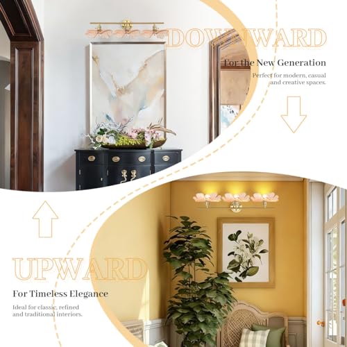Image of 3 Light Bathroom Vanity Lighting, Gold Brass Wall Mount Light with Amber Flower Petal Glass Shade, Mid Century Vanity Lights Over Mirror for Living Room Hallway