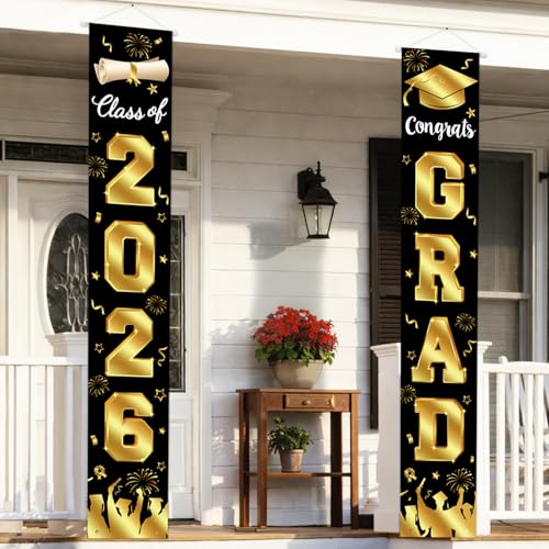 Image of Graduation Decorations 2026 Porch Banner, Graduation Banner Class of 2026, Black and Gold Congrats Grad Decorations for Door and Porch Party Supplies