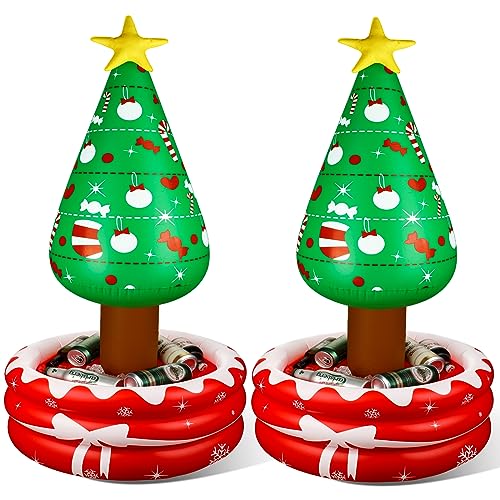 Jetec 2 Pack 4. 17 ft Christmas in July Inflatable Tree Outdoor Decoration Blow up Christmas Tree Cooler Beverage Drinking Cooler Star Treetop Container for Summer Pool Party Indoor Home Garden Lawn