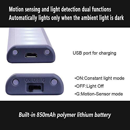Otinlai 2pcs Under Cabinet Lights,10 LED Motion Sensor Lights, Night Light,Led Battery Lights,Motion Led Light Bar, USB Rechargeable Magnet LED Lights Stick on Anywhere (Black)