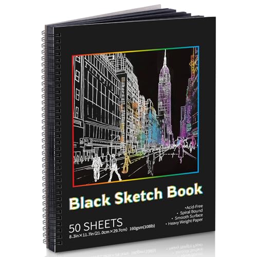 A4 Black Paper Sketchbook 50 Sheets 108 lb/160gsm Heavyweight Black Sketch Pad 8.3×11.7in Acid-Free Drawing Paper Spiral Bound Sketch Book for Kids Teens Artist