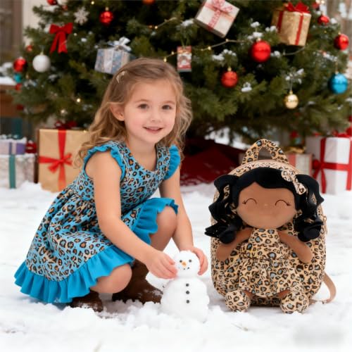 Image of Gloveleya Toddler Backpack Baby Girl Gifts Curly Hair Plush Figures Dress Backpack Kids Backpack Curly Hair Spring Girl - Black Leopard 9inches