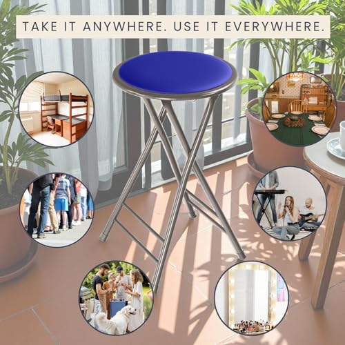 Image of Lavish Home Folding Stool with Padded Backless Seat Set of 2, Blue, 24 inch | Counter Height Bar Stools with 225lb Capacity, Portable Indoor & Outdoor, Extra Seat for Kitchen, Rec Room or Camping
