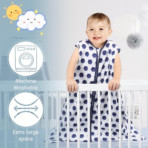 Image of BSTOPPT 3 Pack Baby Sleep Sack 100% Rayon Cotton Baby Sleeping Bag 2-Way Zipper Toddler Wearable Blankets TOG 0.3. (Soccer&Triangles&Blue, 12-18 Months)