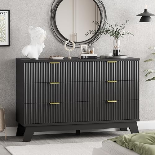 Image of Xixini Fluted Dresser for Bedroom with 6 Drawers, 48" Wide Wooden Chest of Drawers with Metal Handle, Modern Dresser TV Stand, Wood Closet Clothes Storage Organizer for Living Room, Hallway, Black