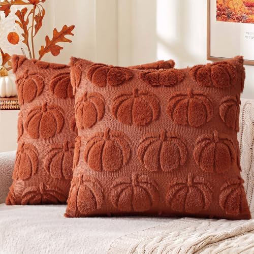 Image of decorUhome Fall Decorative Rust Pumpkin Throw Pillow Covers 16x16 Set of 2, Soft Faux Fur Plush Farmhouse Accent Pillow Cases for Couch Bed Sofa Autumn Harvest Halloween Holiday Home Decor